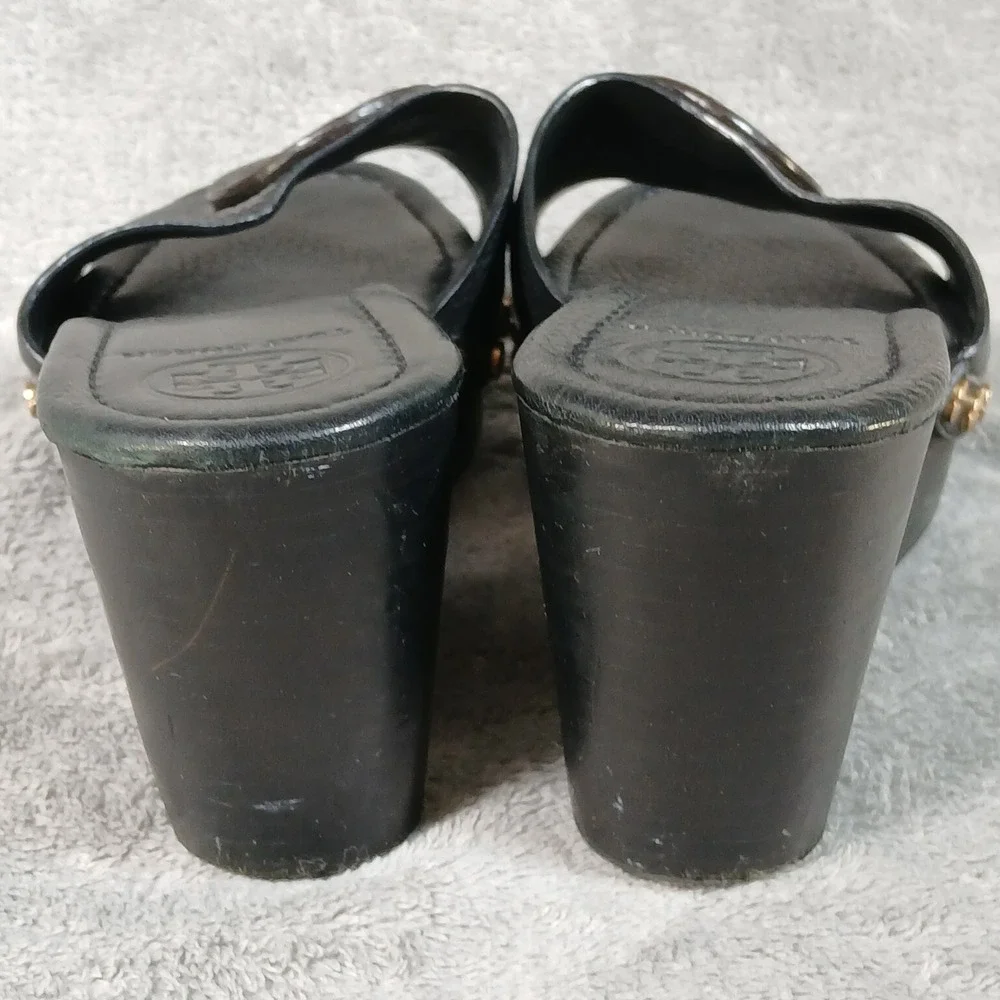 Tory Burch Wedge Sandals Womens 8M Miller Studded Clog Black Pebbled Leather